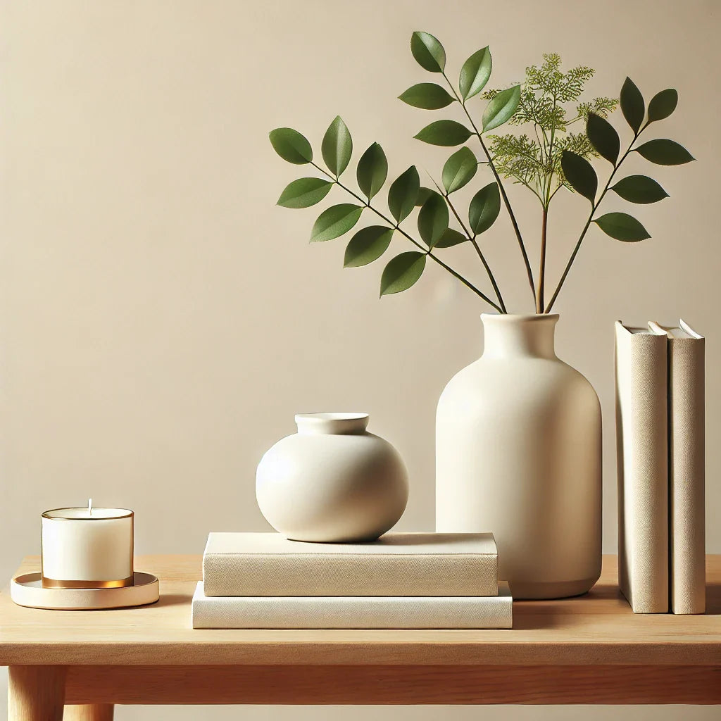 Minimalist home decor setup featuring a modern white vase with green plants, a small round vase, neutral-colored books, and a decorative candle on a light wood table against a soft beige background.