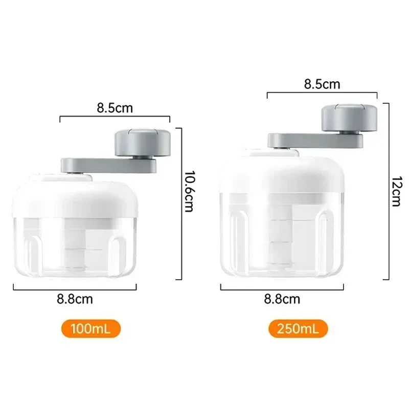 Size comparison of the manual vegetable chopper, available in 100ml and 250ml capacities, with dimensions for compact kitchen use.