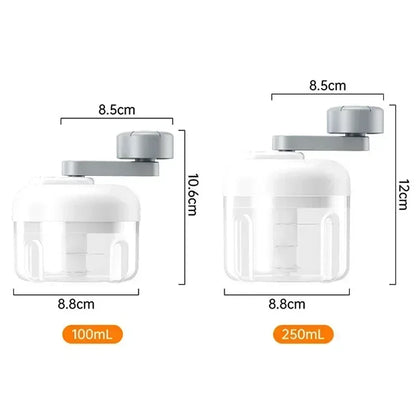 Size comparison of the manual vegetable chopper, available in 100ml and 250ml capacities, with dimensions for compact kitchen use.