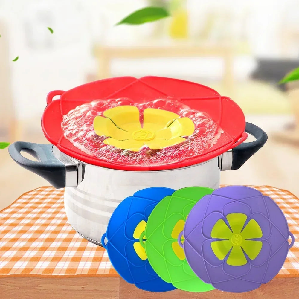 Colorful silicone lid spill stopper for pots and pans, available in blue, green, red, and purple.